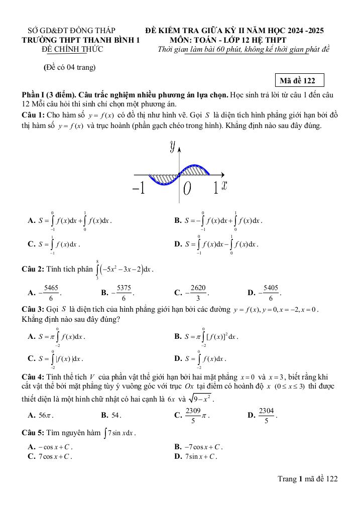 đề giữa kỳ 2 toán 12 năm 2024 – 2025 trường thpt thanh bình 1 – đồng tháp 4