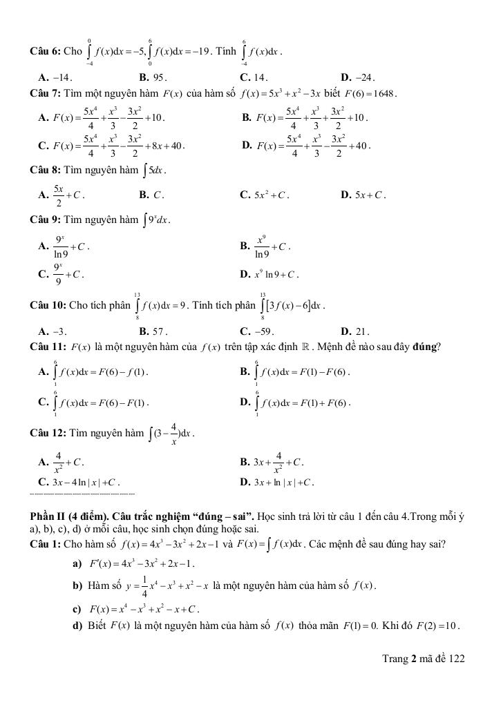 đề giữa kỳ 2 toán 12 năm 2024 – 2025 trường thpt thanh bình 1 – đồng tháp 5