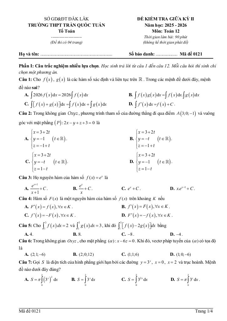 đề giữa kỳ 2 toán 12 năm 2025 – 2026 trường thpt trần quốc tuấn – đắk lắk - hình 1