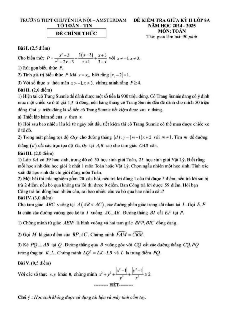 đề giữa kỳ 2 toán 8 năm 2024 – 2025 trường thpt chuyên hà nội – amsterdam