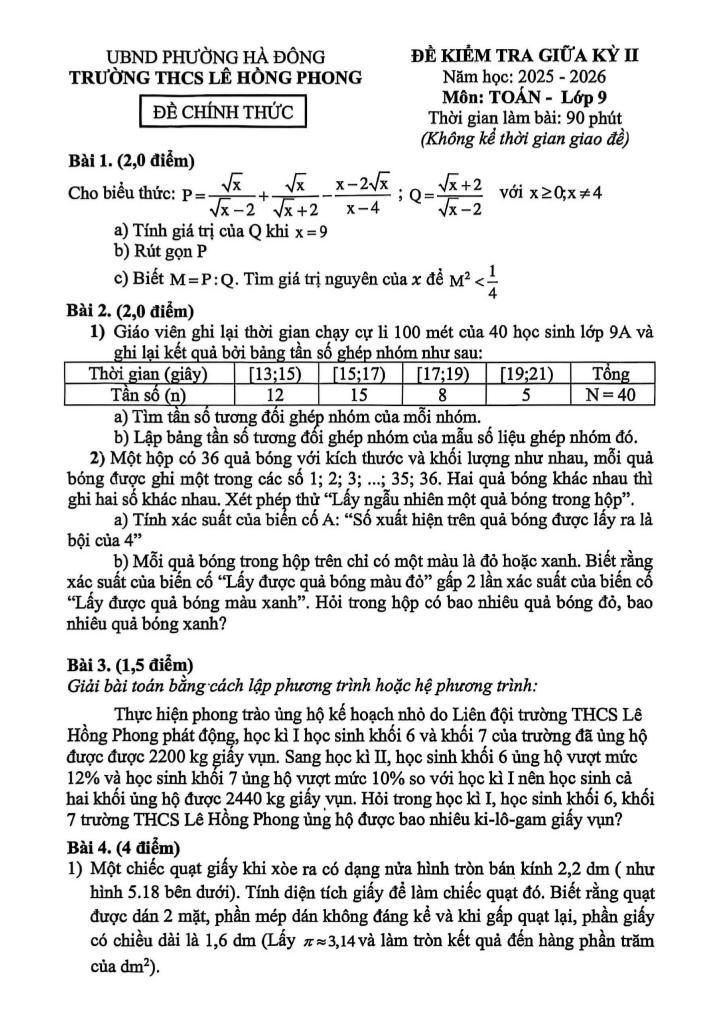 đề giữa kỳ 2 toán 9 năm 2025 – 2026 trường thcs lê hồng phong – hà nội - hình 1