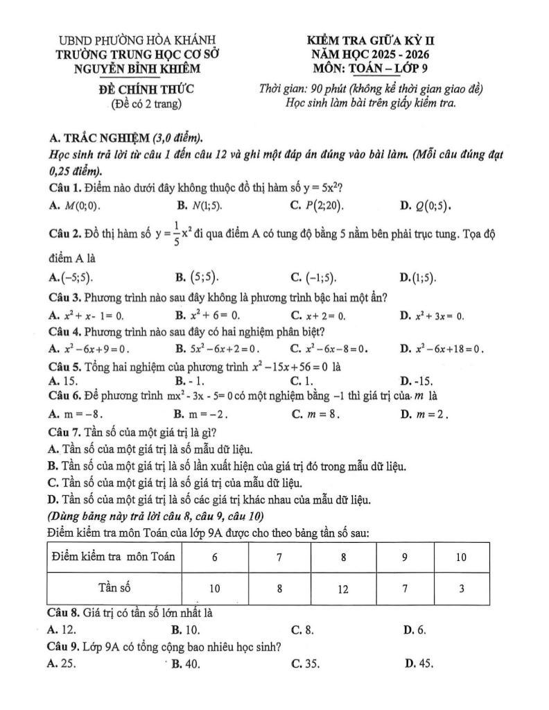 đề giữa kỳ 2 toán 9 năm 2025 – 2026 trường thcs nguyễn bỉnh khiêm – đà nẵng - hình 1