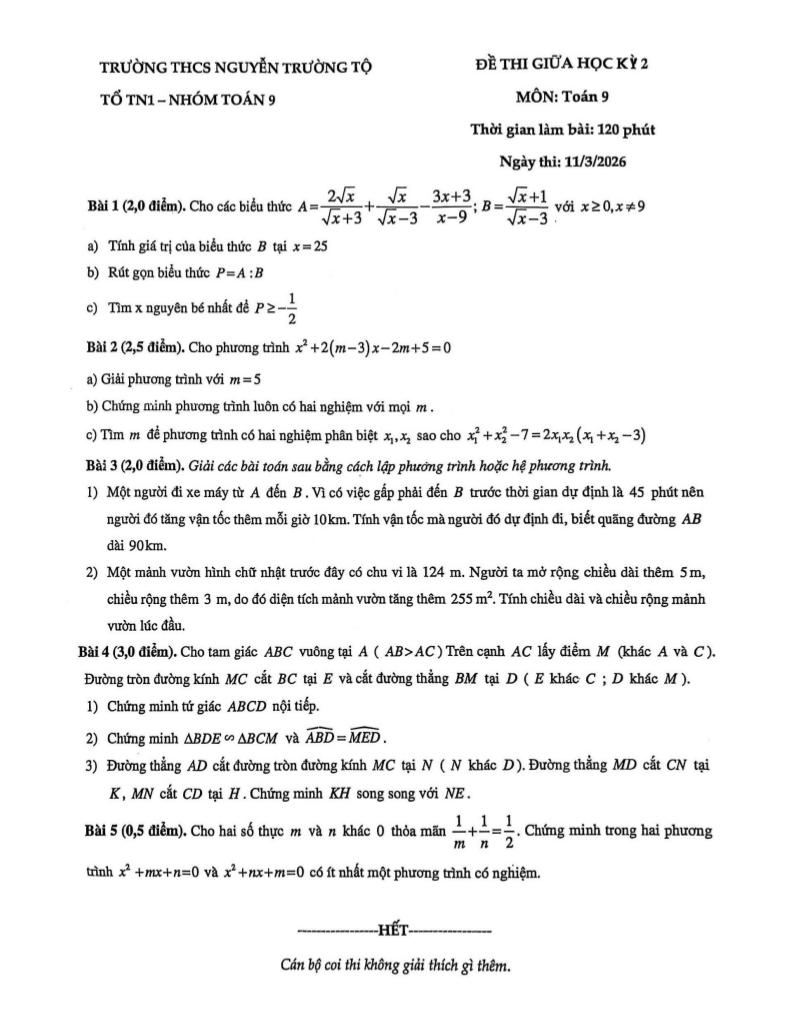 đề giữa kỳ 2 toán 9 năm 2025 – 2026 trường thcs nguyễn trường tộ – hà nội