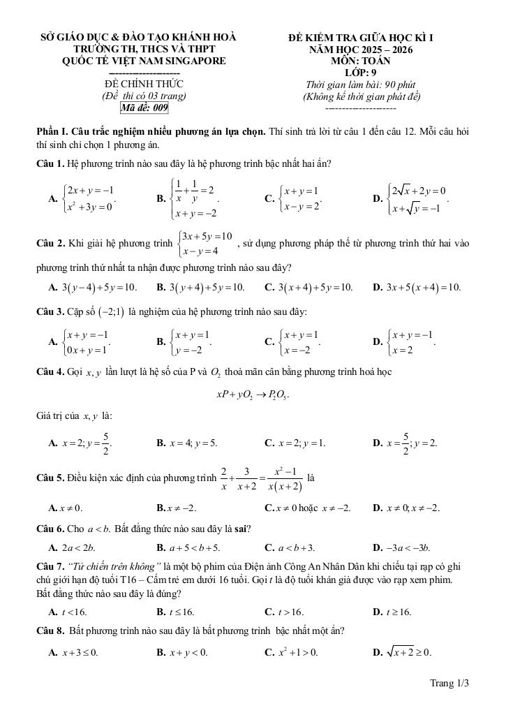 đề gk1 toán 9 năm 2025 – 2026 trường quốc tế việt nam singapore – khánh hòa 0