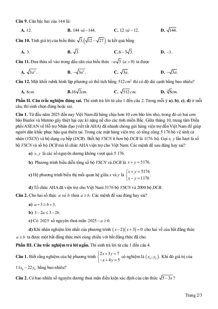 đề gk1 toán 9 năm 2025 – 2026 trường quốc tế việt nam singapore – khánh hòa 1