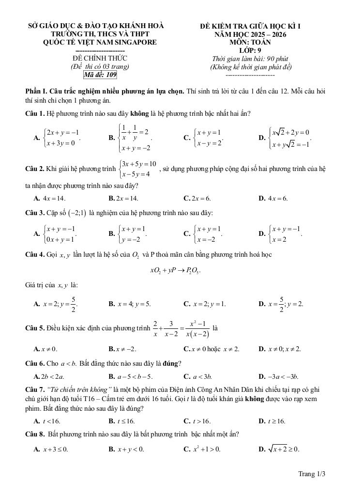 đề gk1 toán 9 năm 2025 – 2026 trường quốc tế việt nam singapore – khánh hòa 3