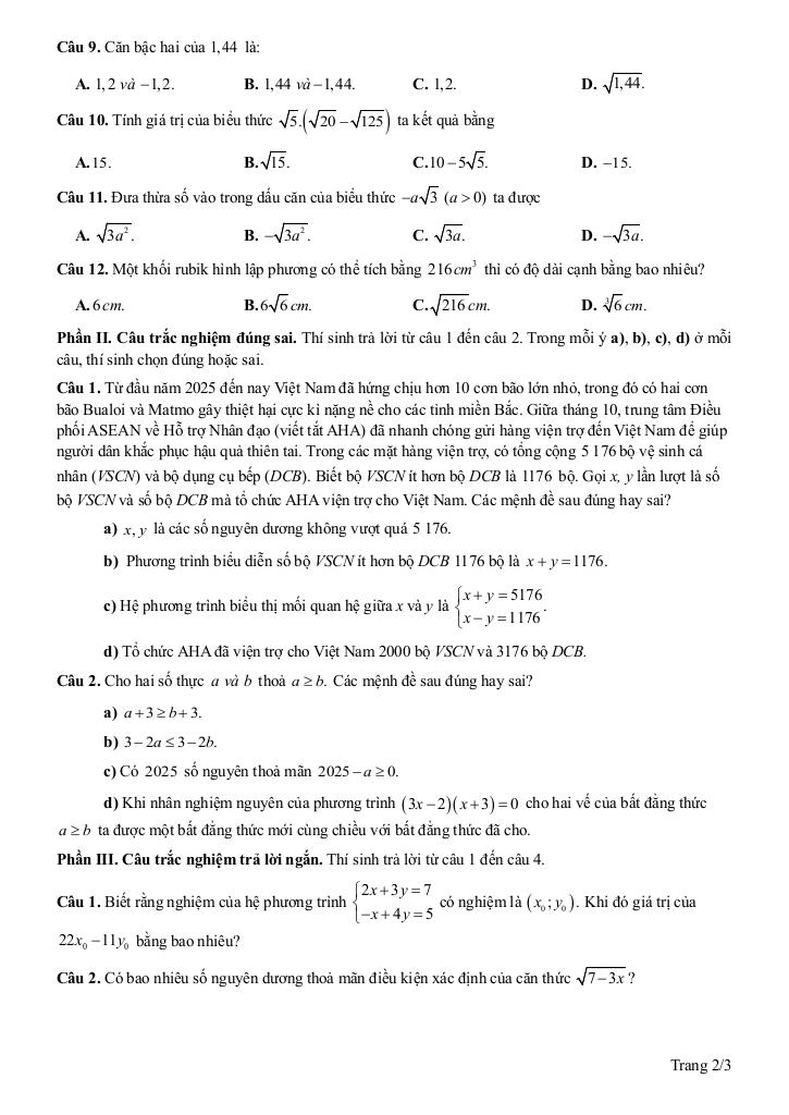 đề gk1 toán 9 năm 2025 – 2026 trường quốc tế việt nam singapore – khánh hòa 4