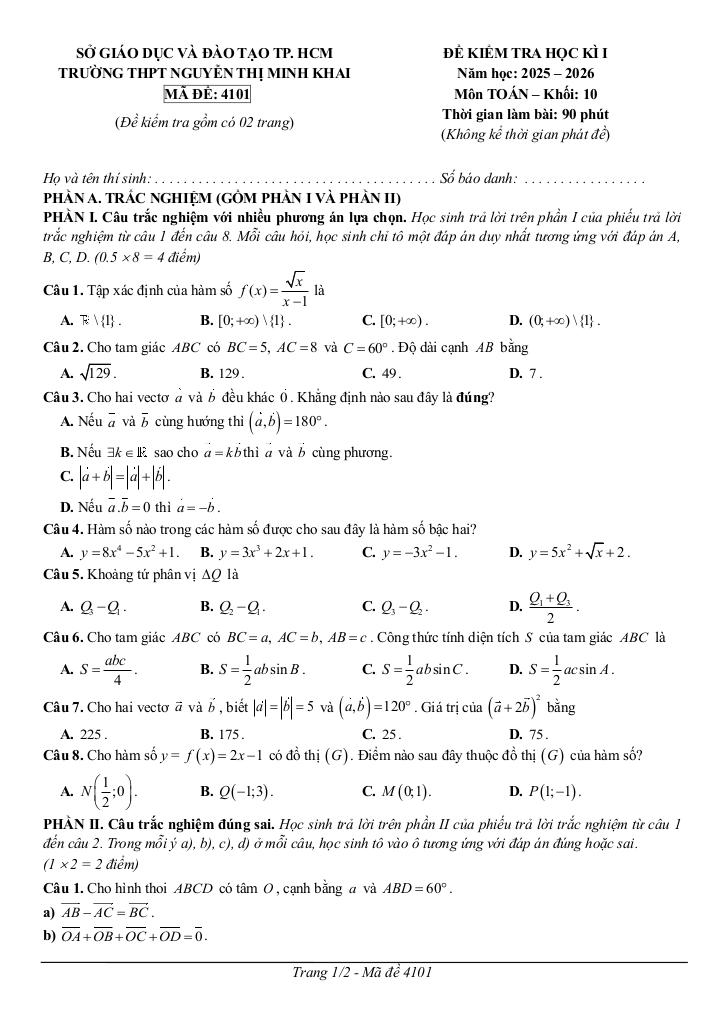 đề học kì 1 toán 10 năm 2025 – 2026 trường thpt nguyễn thị minh khai – tp hcm - hình 1