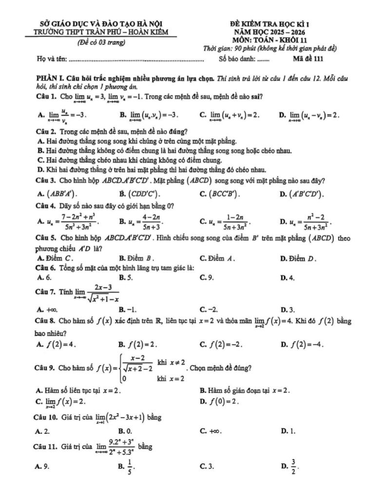 đề học kì 1 toán 11 năm 2025 – 2026 trường thpt trần phú – hà nội - hình 1