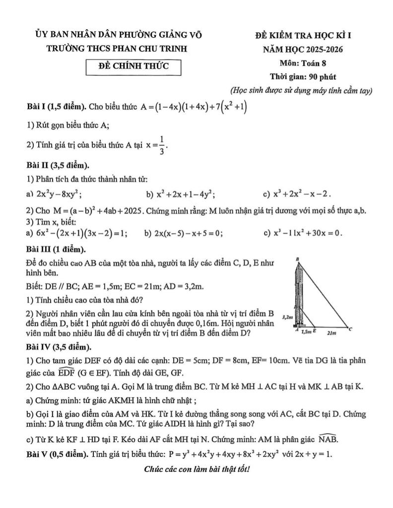 đề học kì 1 toán 8 năm 2025 – 2026 trường thcs phan chu trinh – hà nội