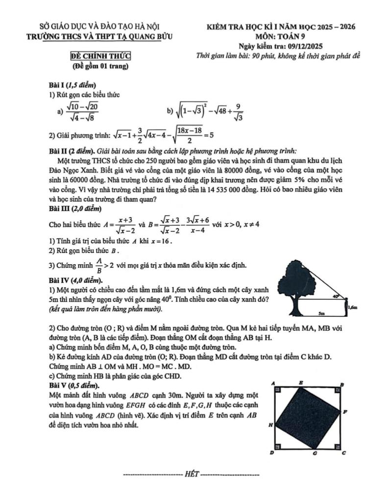 đề học kì 1 toán 9 năm 2025 – 2026 trường tạ quang bửu – hà nội