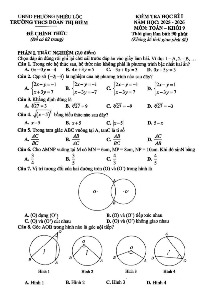đề học kì 1 toán 9 năm 2025 – 2026 trường thcs đoàn thị điểm – tp hcm - hình 1