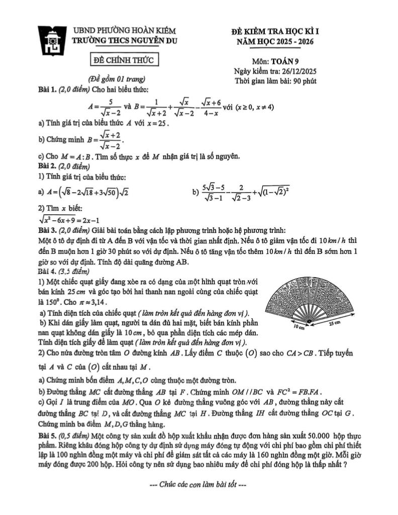đề học kì 1 toán 9 năm 2025 – 2026 trường thcs nguyễn du – hà nội