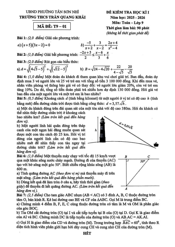 đề học kì 1 toán 9 năm 2025 – 2026 trường thcs trần quang khải – tp hcm