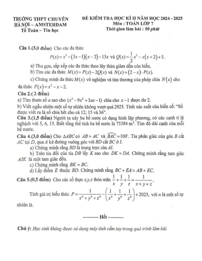 đề học kì 2 toán 7 năm 2024 – 2025 trường thpt chuyên hà nội – amsterdam