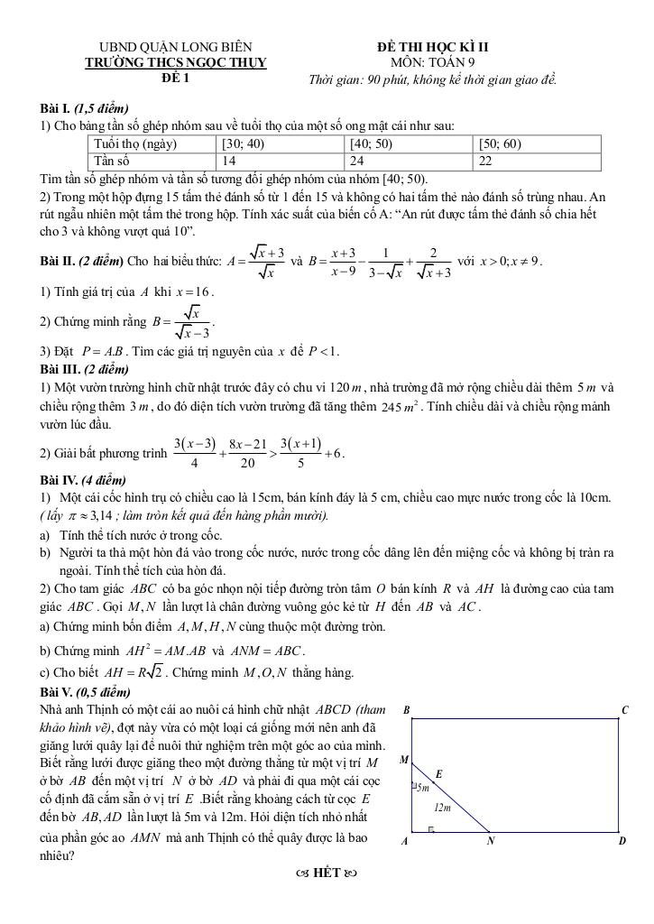 đề học kì 2 toán 9 năm 2024 – 2025 trường thcs ngọc thụy – hà nội