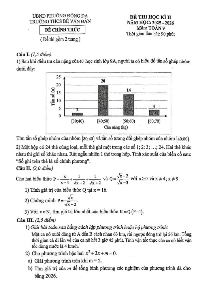 đề học kì 2 toán 9 năm 2025 – 2026 trường thcs bế văn đàn – hà nội - hình 1