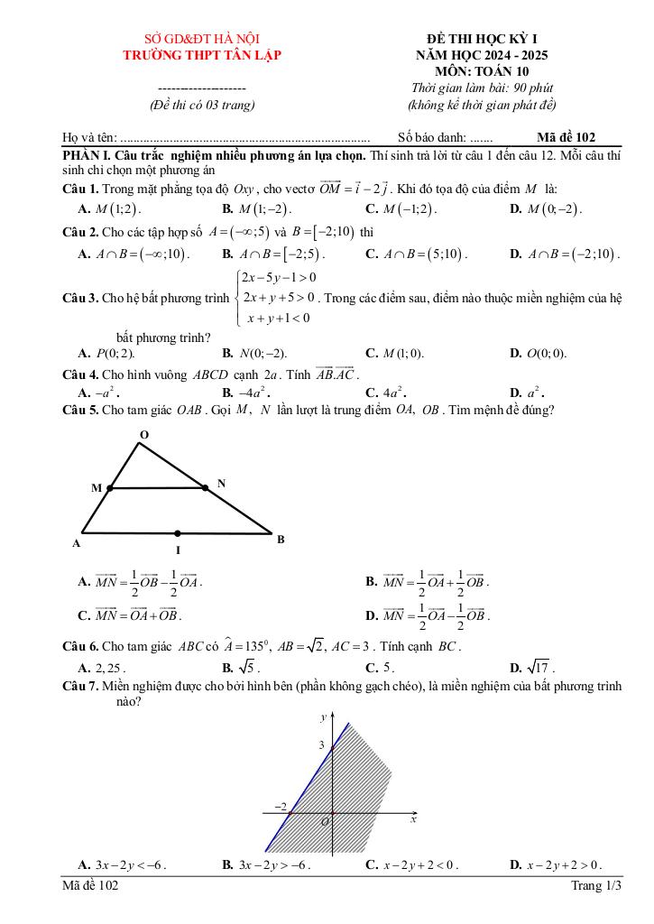 đề học kỳ 1 toán 10 năm 2024 – 2025 trường thpt tân lập – hà nội 3