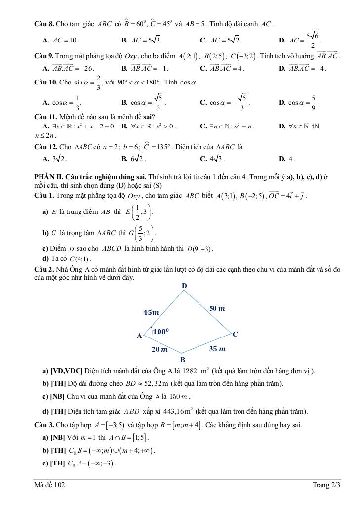 đề học kỳ 1 toán 10 năm 2024 – 2025 trường thpt tân lập – hà nội 4