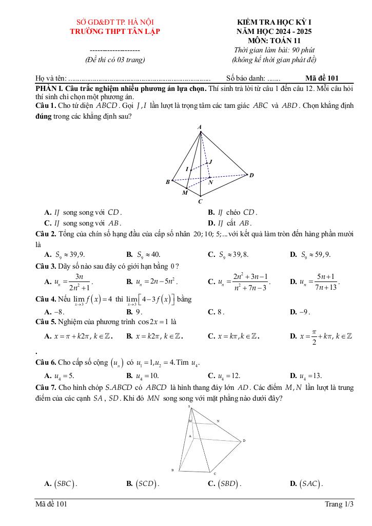 đề học kỳ 1 toán 11 năm 2024 – 2025 trường thpt tân lập – hà nội 0