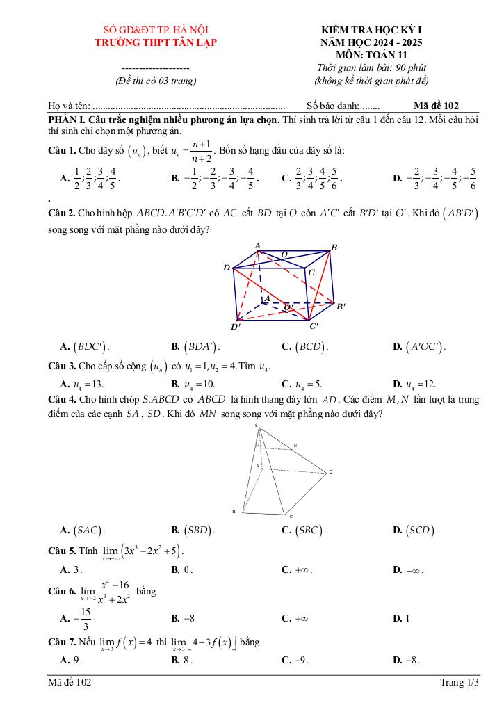 đề học kỳ 1 toán 11 năm 2024 – 2025 trường thpt tân lập – hà nội 3