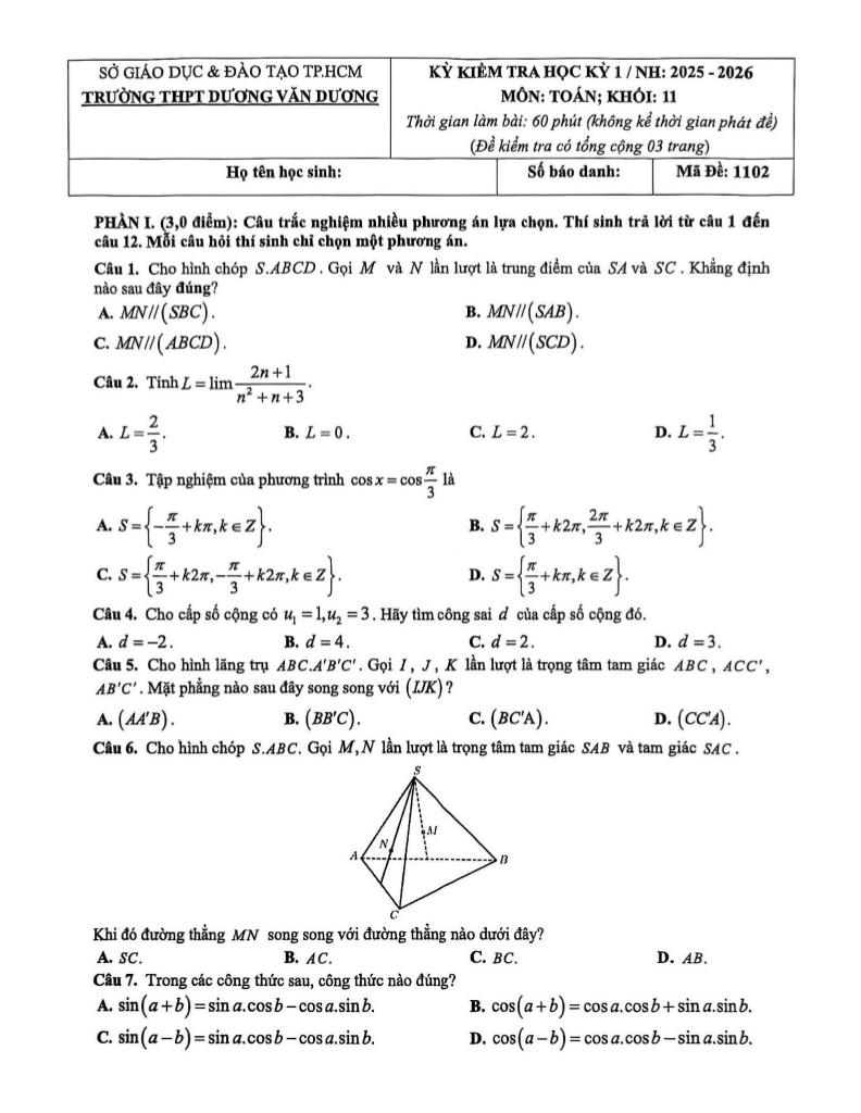 đề học kỳ 1 toán 11 năm 2025 – 2026 trường thpt dương văn dương – tp hcm - hình 1