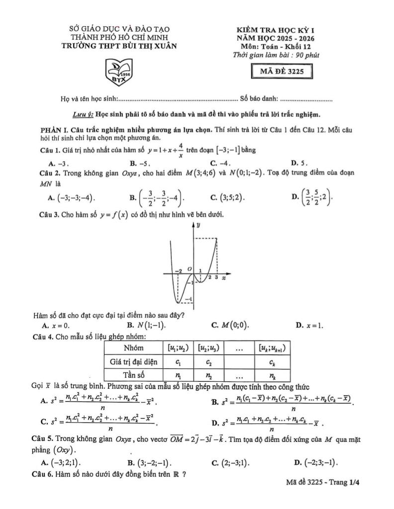 đề học kỳ 1 toán 12 năm 2025 – 2026 trường thpt bùi thị xuân – tp hcm - hình 1