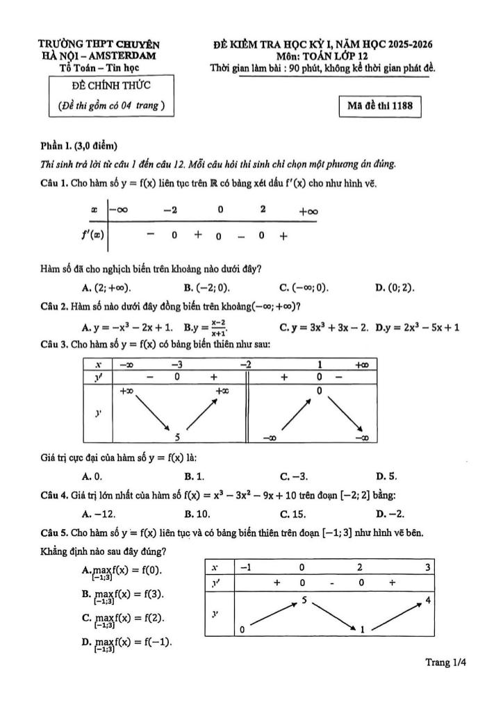 đề học kỳ 1 toán 12 năm 2025 – 2026 trường thpt chuyên hà nội – amsterdam - hình 1