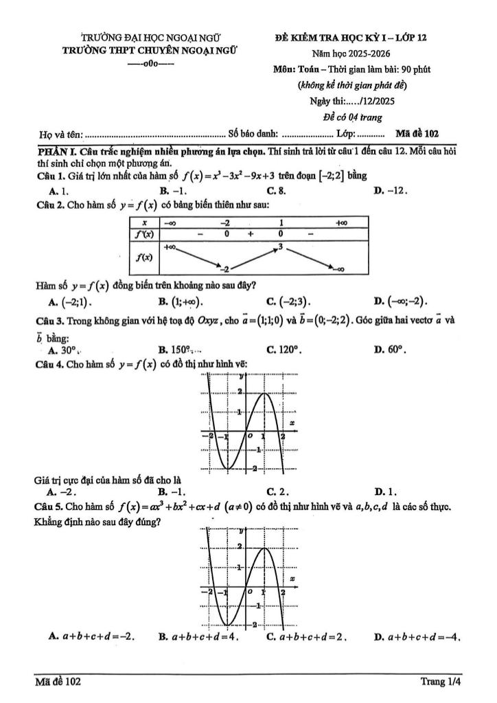 đề học kỳ 1 toán 12 năm 2025 – 2026 trường thpt chuyên ngoại ngữ – hà nội - hình 1