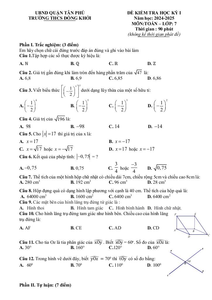 đề học kỳ 1 toán 7 năm 2024 – 2025 trường thcs đồng khởi – tp hcm 0