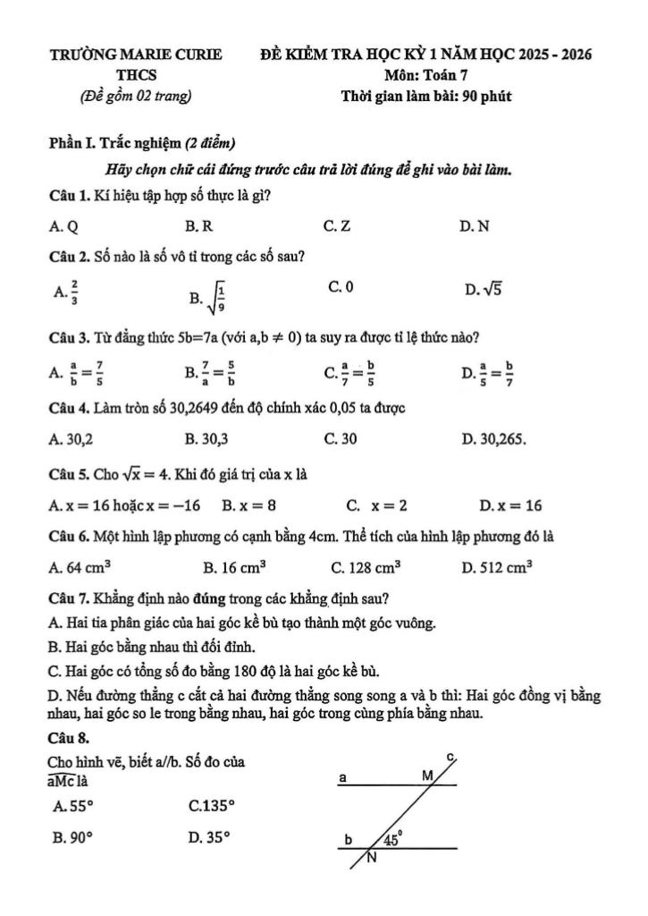 đề học kỳ 1 toán 7 năm 2025 – 2026 trường marie curie – hà nội 0