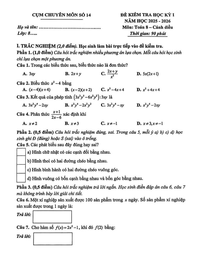 đề học kỳ 1 toán 8 năm 2025 – 2026 cụm chuyên môn số 14 – hà nội - hình 1