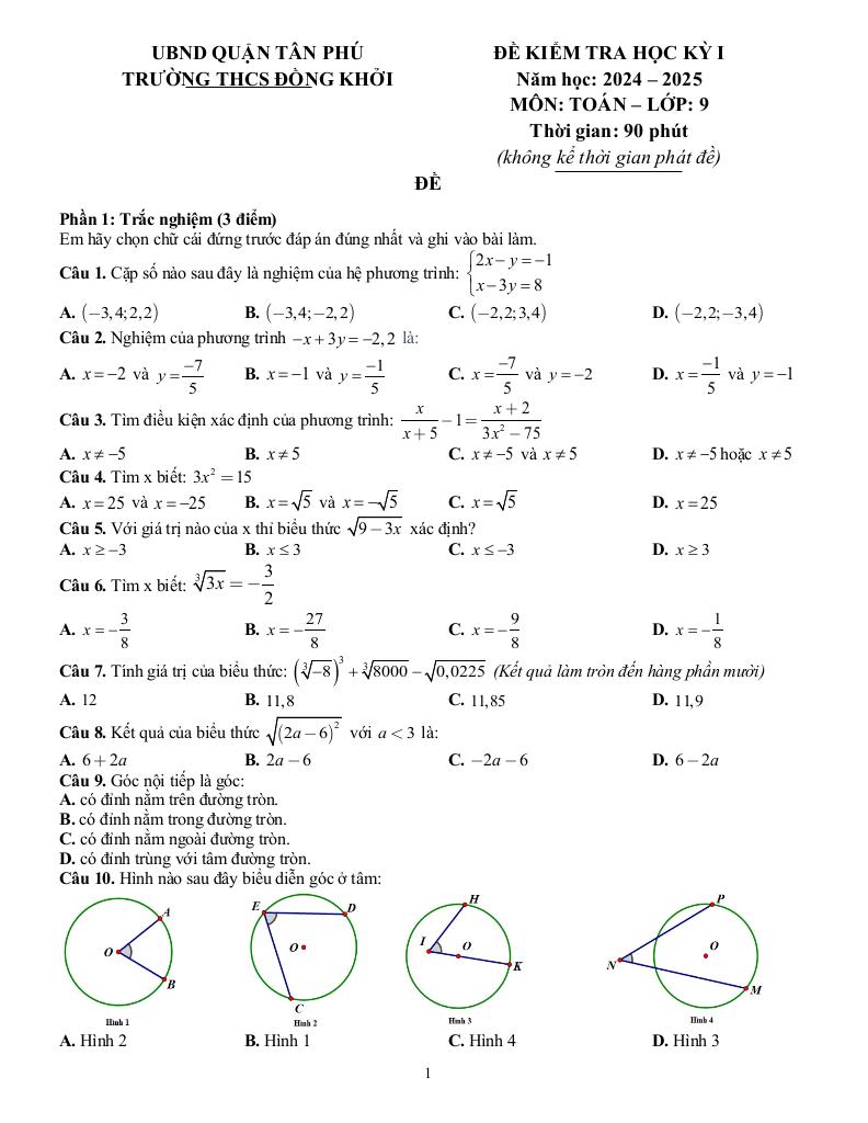 đề học kỳ 1 toán 9 năm 2024 – 2025 trường thcs đồng khởi – tp hcm 0