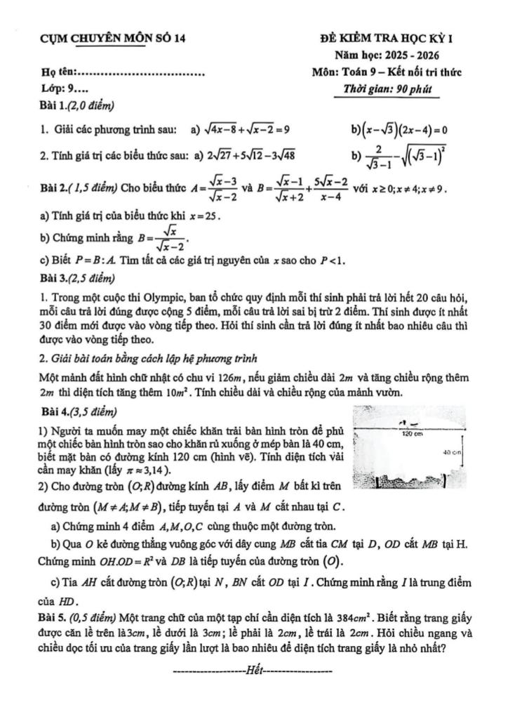 đề học kỳ 1 toán 9 năm 2025 – 2026 cụm chuyên môn số 14 – hà nội
