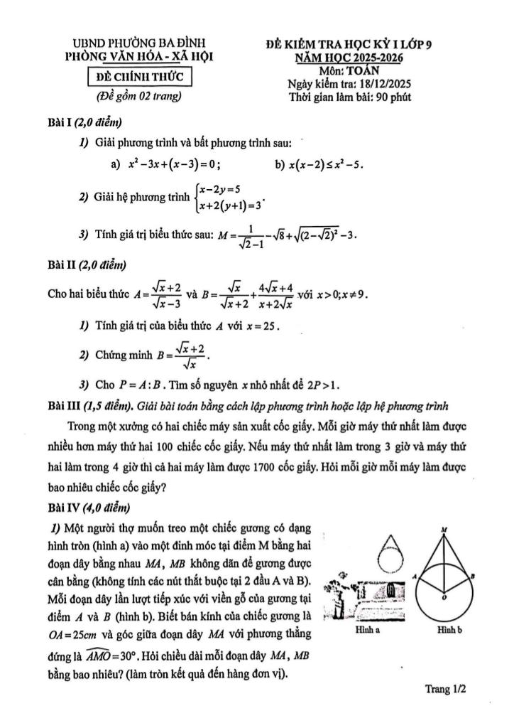 đề học kỳ 1 toán 9 năm 2025 – 2026 phường ba đình – hà nội - hình 1
