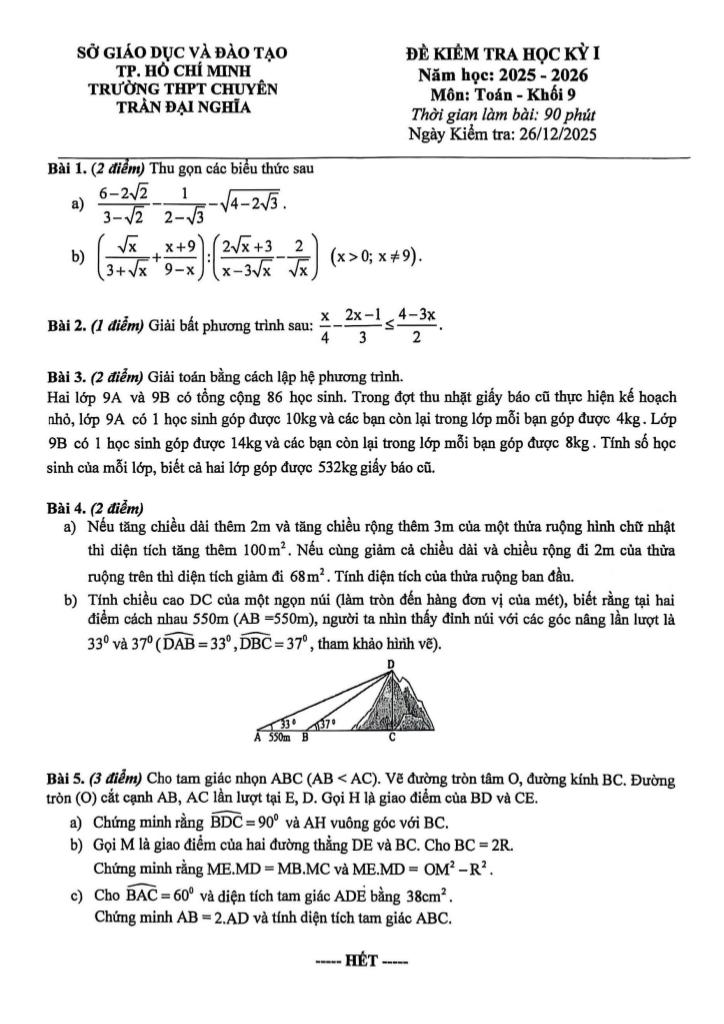 đề học kỳ 1 toán 9 năm 2025 – 2026 trường chuyên trần đại nghĩa – tp hcm