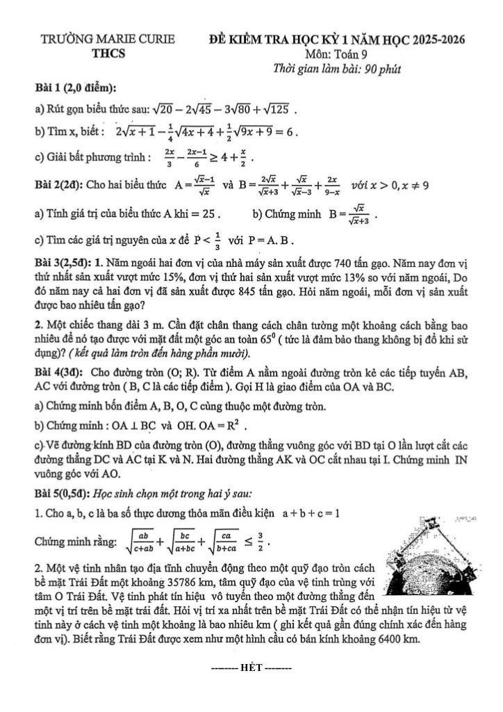 đề học kỳ 1 toán 9 năm 2025 – 2026 trường marie curie – hà nội