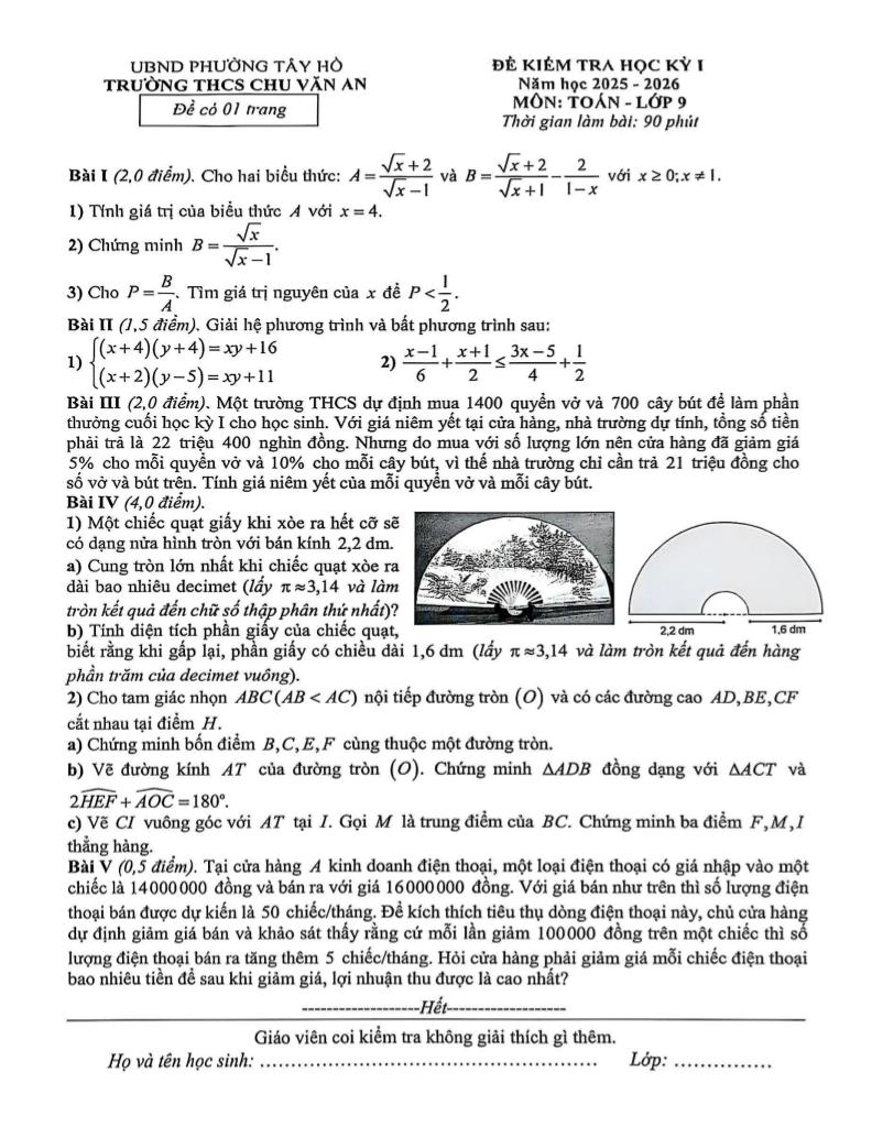 đề học kỳ 1 toán 9 năm 2025 – 2026 trường thcs chu văn an – hà nội