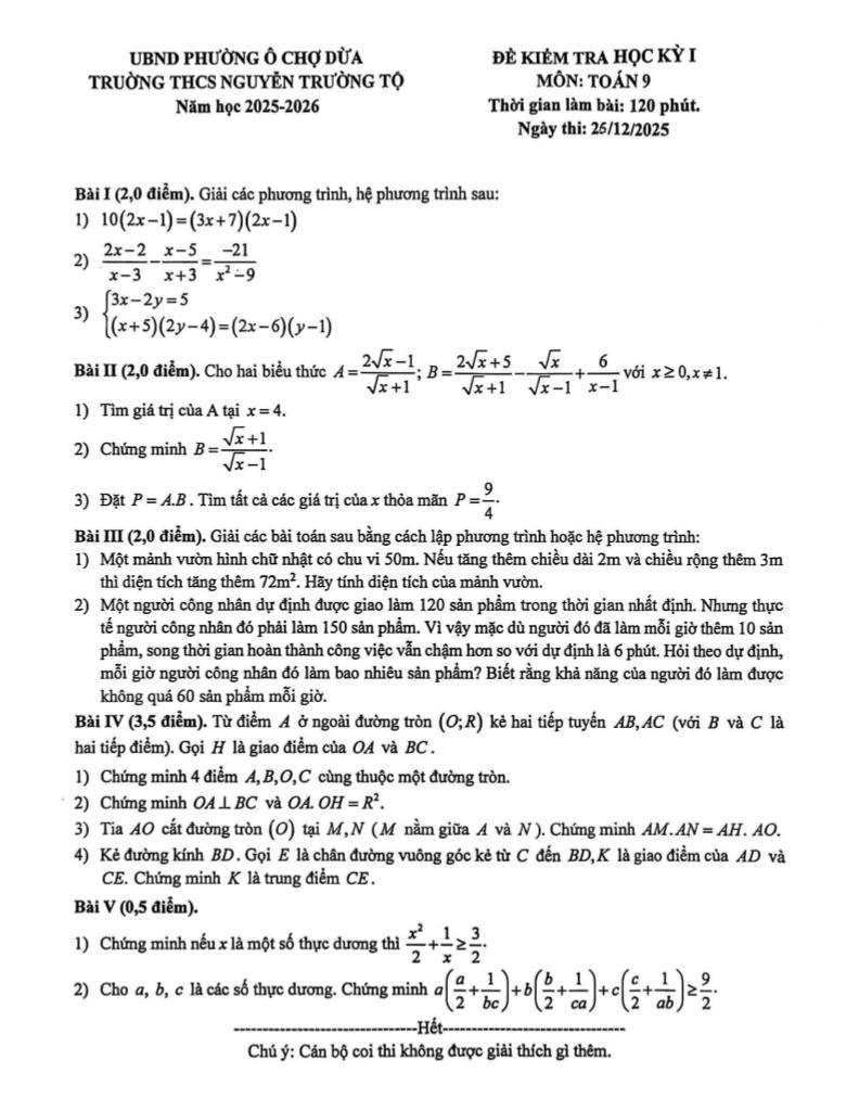 đề học kỳ 1 toán 9 năm 2025 – 2026 trường thcs nguyễn trường tộ – hà nội