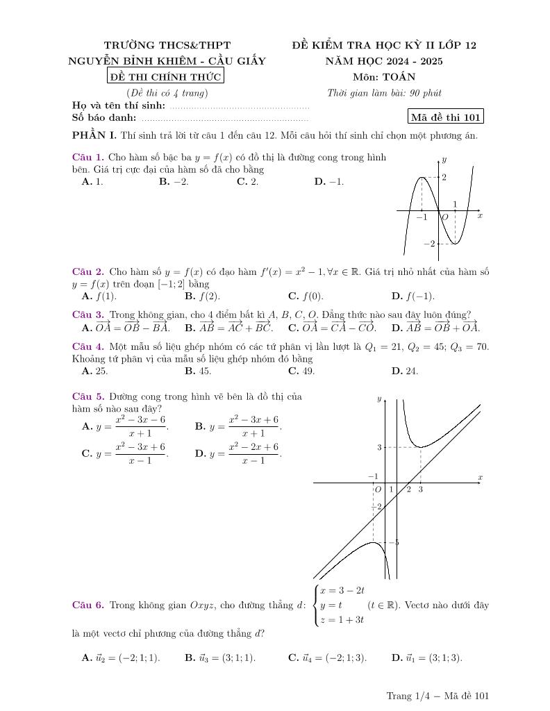 đề học kỳ 2 toán 12 năm 2024 – 2025 trường nguyễn bỉnh khiêm – hà nội 0