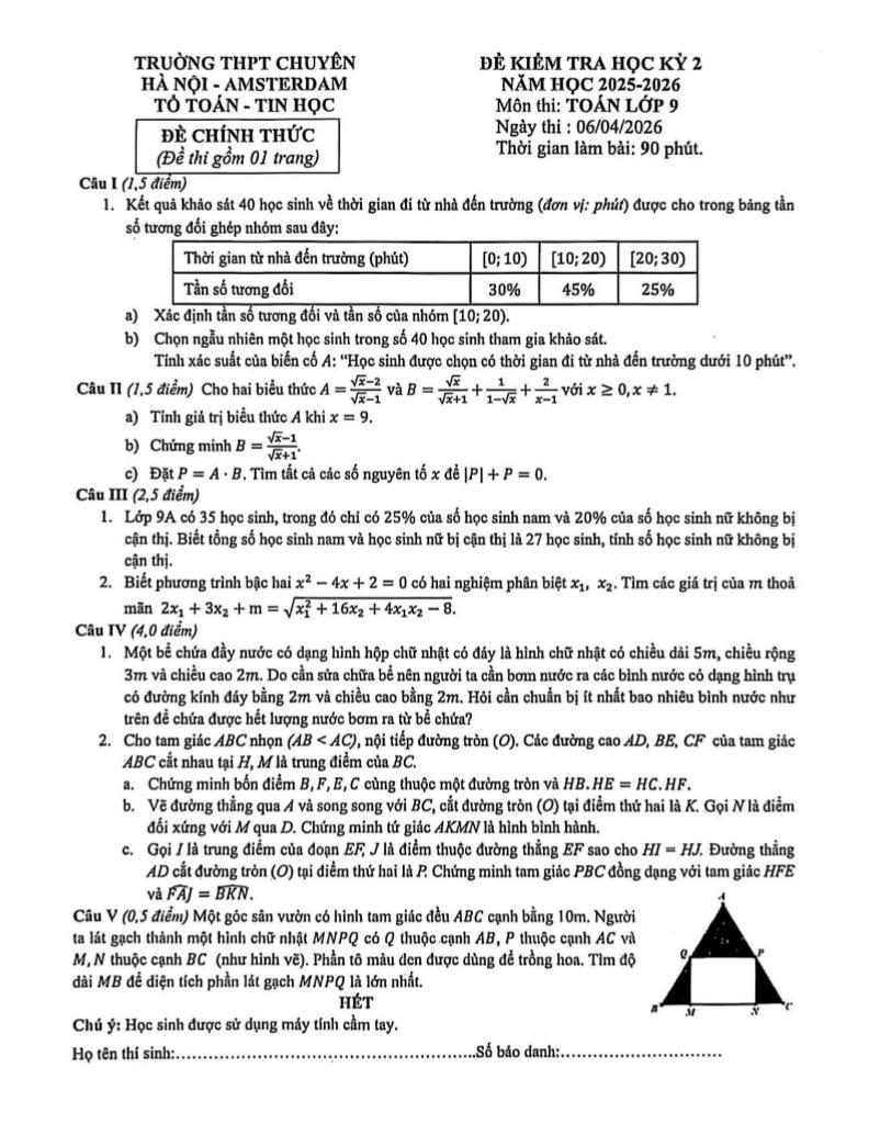 đề học kỳ 2 toán 9 năm 2025 – 2026 trường thpt chuyên hà nội – amsterdam