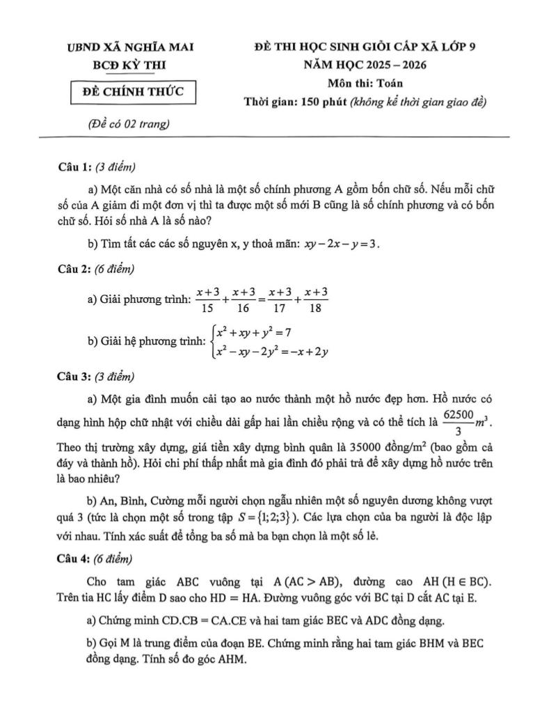 đề học sinh giỏi cấp xã toán 9 năm 2025 – 2026 xã nghĩa mai – nghệ an 0