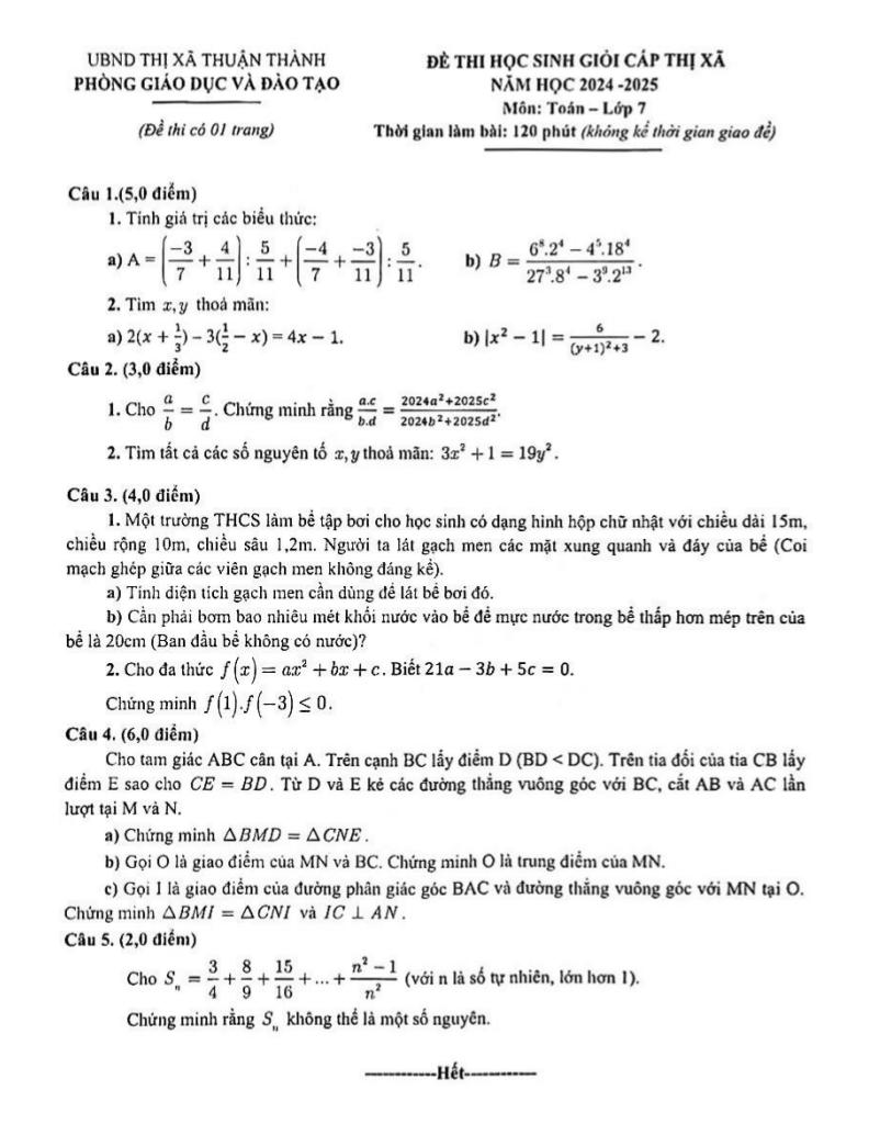 đề học sinh giỏi toán 7 năm 2024 – 2025 phòng gd&đt thuận thành – bắc ninh