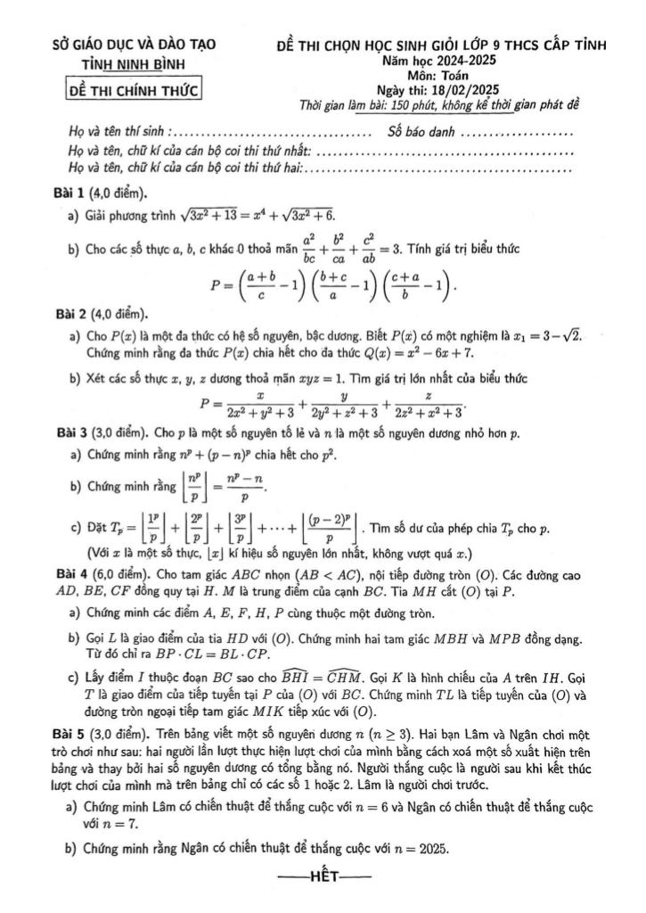 đề học sinh giỏi toán 9 cấp tỉnh năm 2024 – 2025 sở gd&đt ninh bình