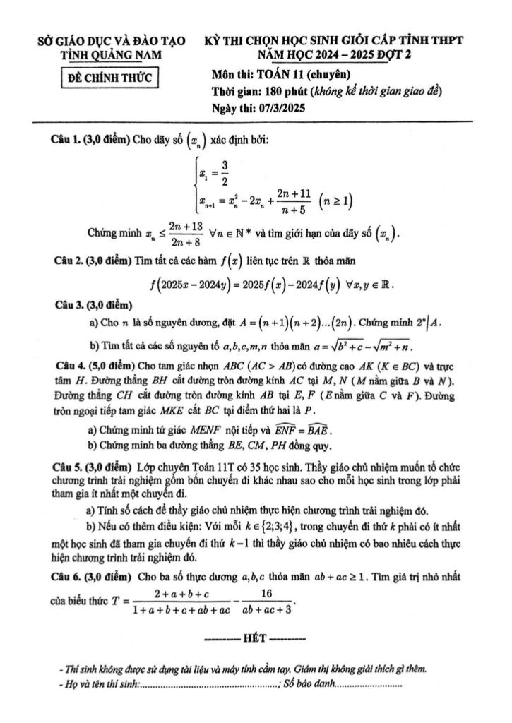 đề hsg tỉnh toán 11 (chuyên) năm 2024 – 2025 đợt 2 sở gd&đt quảng nam