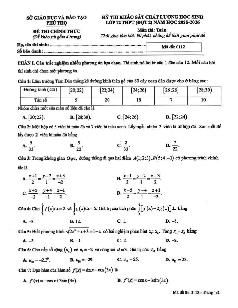đề khảo sát chất lượng toán 12 đợt 2 năm 2025 – 2026 sở gd&đt phú thọ - hình 1