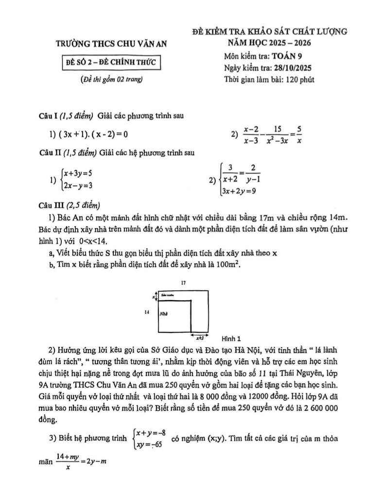 đề khảo sát chất lượng toán 9 năm 2025 – 2026 trường thcs chu văn an – hà nội 0