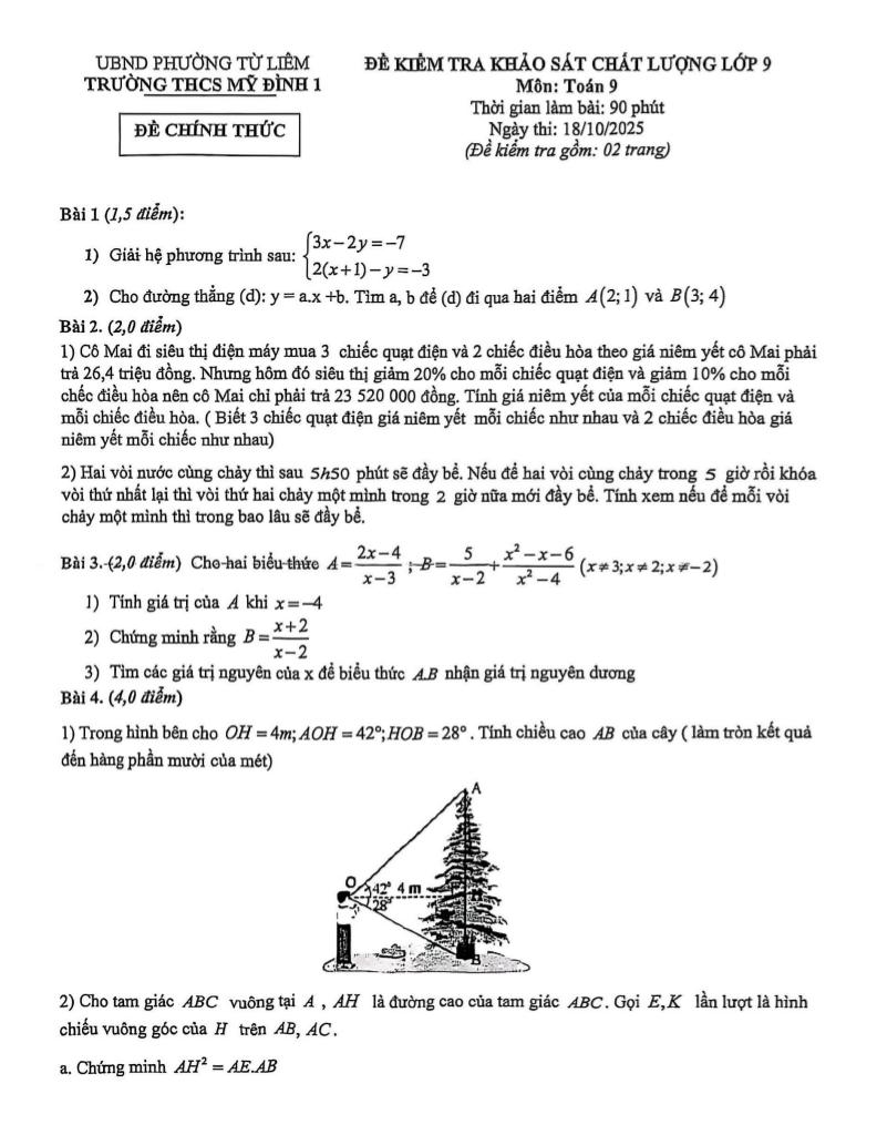 đề khảo sát chất lượng toán 9 năm 2025 – 2026 trường thcs mỹ đình 1 – hà nội 0