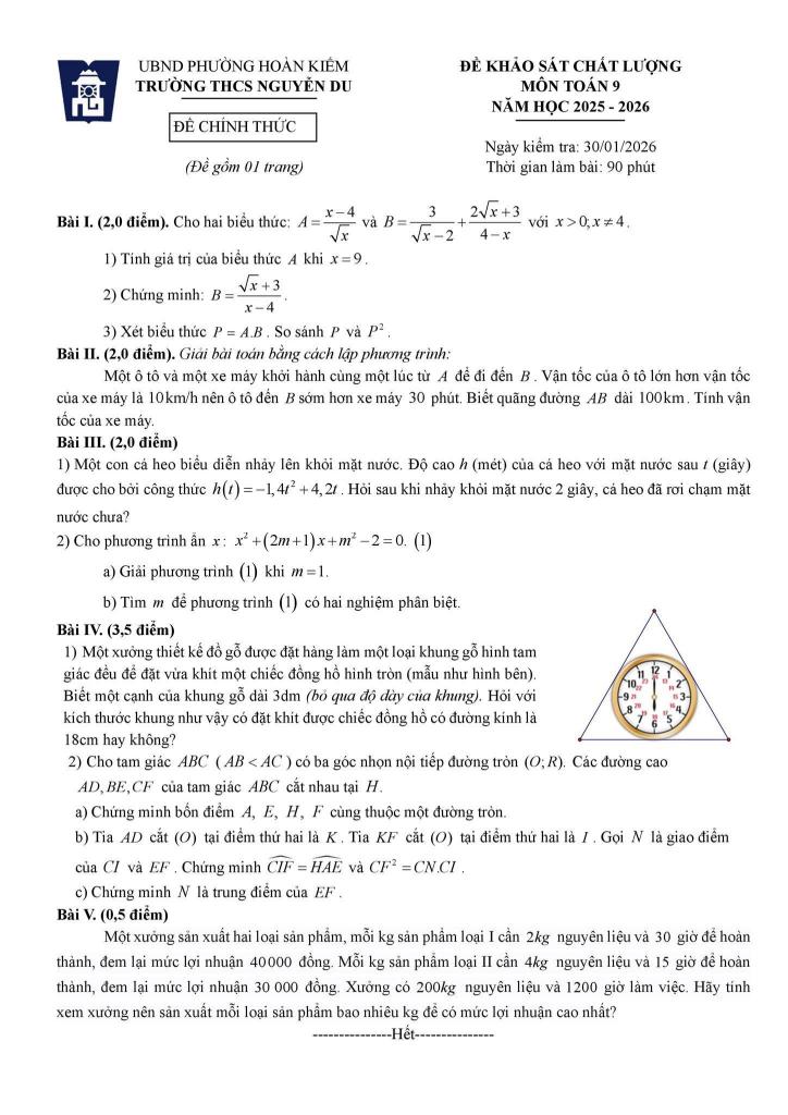 đề khảo sát chất lượng toán 9 năm 2025 – 2026 trường thcs nguyễn du – hà nội