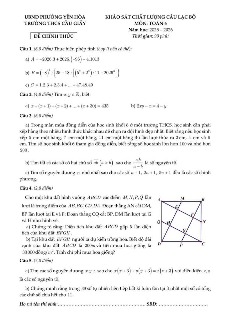 đề khảo sát clb toán 6 năm 2025 – 2026 trường thcs cầu giấy – hà nội